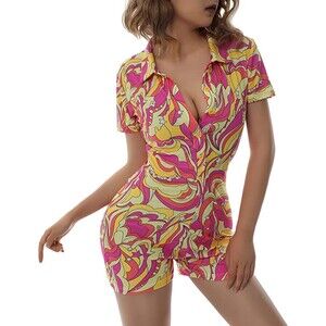 Short Sleeve Y2K Colorful V Neck Romper Jumpsuit Sz XL
